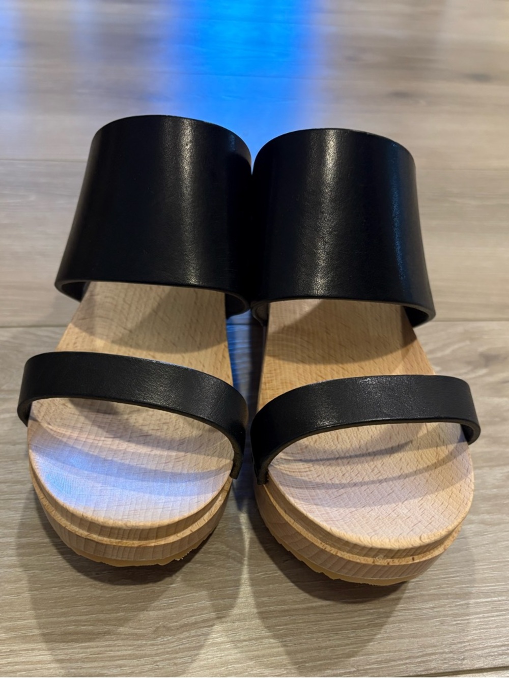 Anthropologie Black Leather Two-Band Wooden Clog Sandals - Picture 5 of 10